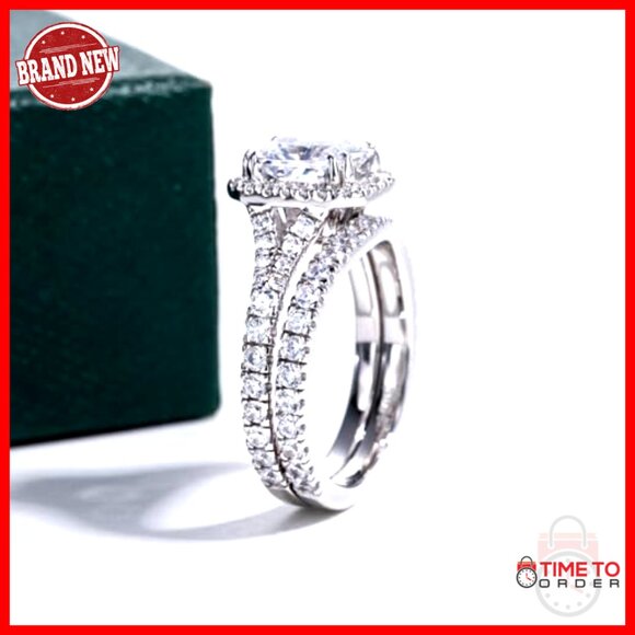 Sterling Silver Split Shank Wedding Set Size 6.5 CZ Halo Ring - Picture 2 of 7